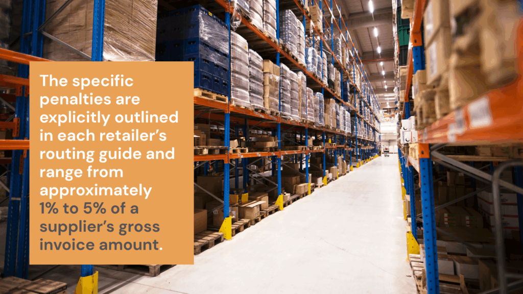 Warehouse shelves stacked with goods and supply pallets, highlighting retailer chargeback penalties of 1% to 5% of a supplier’s gross invoice amount in 3PL logistics 2025 